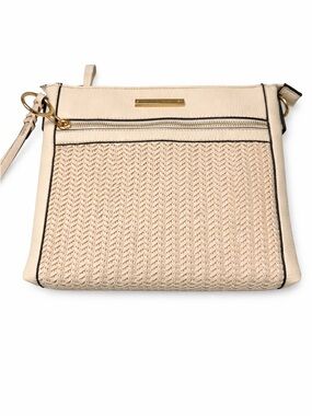 Poppy and Peonies Cream Vegan Leather and Straw Weave Crossbody Bag NWOT